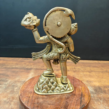 Brassaura® Brass Lord Hanuman Idol | Veer Hanuman Carrying Sanjeevani Mountain with Gada | Sacred Brass Sculpture for Home Temple, Spiritual Décor & Gifting | 9 Inches | 1.9 KgV