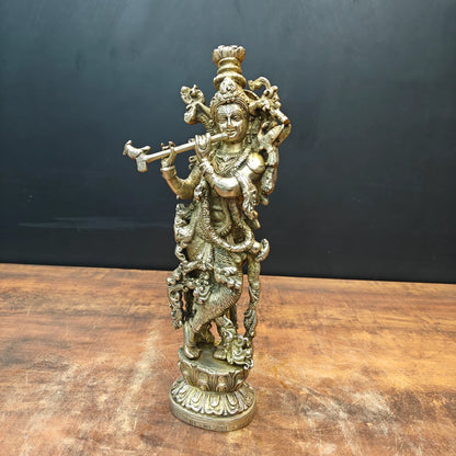 Brassaura® Brass Lord Krishna Playing Flute Statue | Handcrafted Standing Krishna Murti for Home Temple, Spiritual Décor & Gifting | 14 Inches | 4.4 Kg