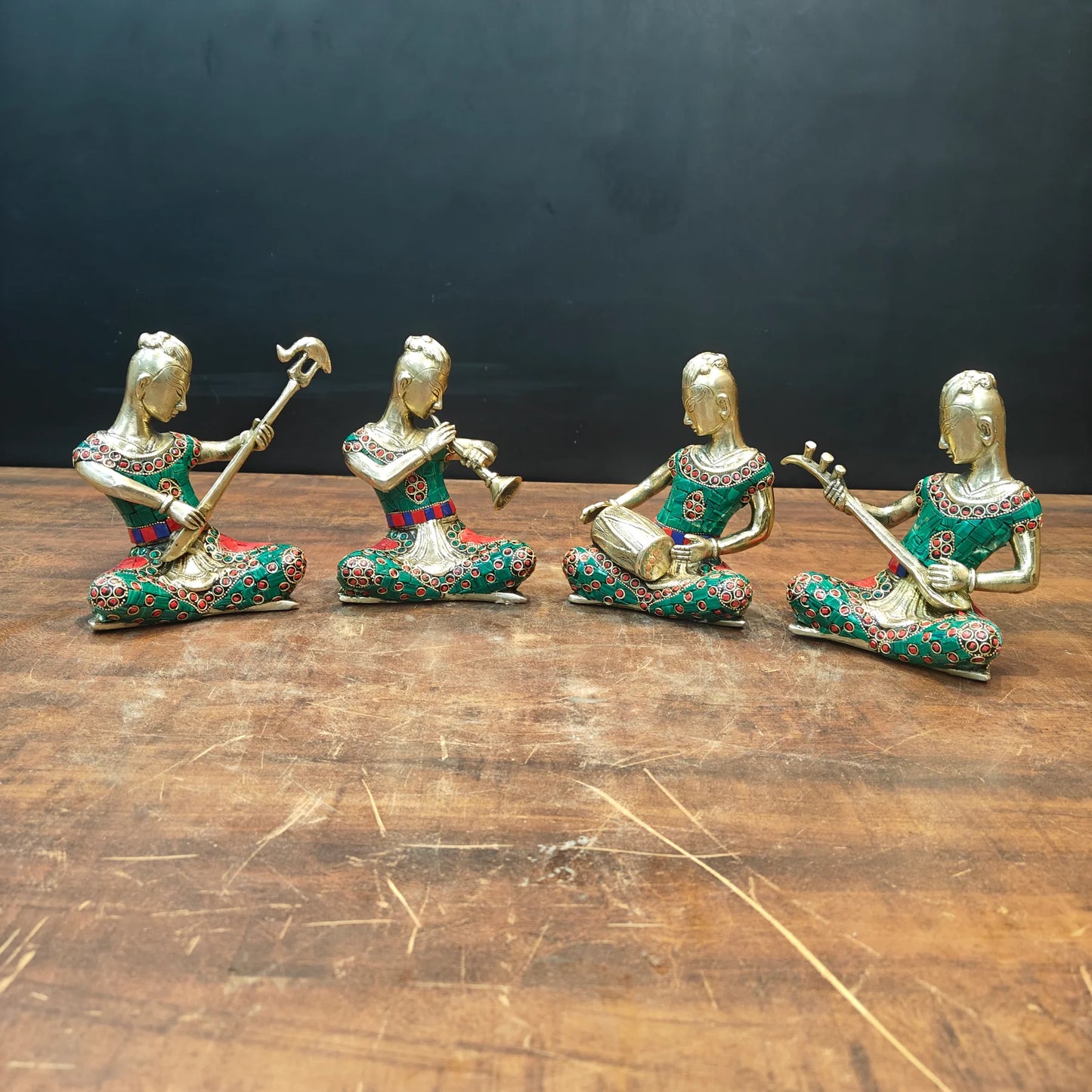 Brassaura® Brass Tribal Musician Figurines Set of 4 | Handcrafted Decorative Music Band Showpieces with Meenakari Art | Traditional Rajasthani Folk Music Statues for Home Décor & Gifting | 6.5 Inches | 7 Kg