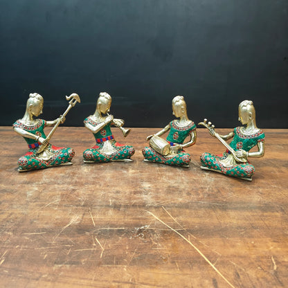 Brassaura® Brass Tribal Musician Figurines Set of 4 | Handcrafted Decorative Music Band Showpieces with Meenakari Art | Traditional Rajasthani Folk Music Statues for Home Décor & Gifting | 6.5 Inches | 7 Kg