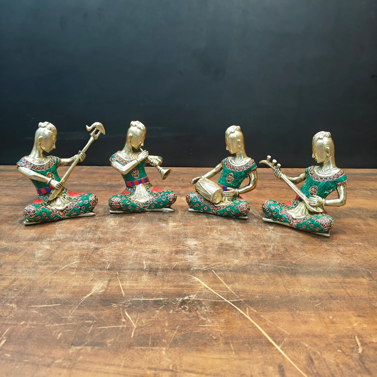 Brassaura® Brass Tribal Musician Figurines Set of 4 | Handcrafted Decorative Music Band Showpieces with Meenakari Art | Traditional Rajasthani Folk Music Statues for Home Décor & Gifting | 6.5 Inches | 7 Kg