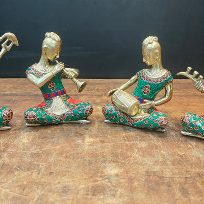 Brassaura® Brass Tribal Musician Figurines Set of 4 | Handcrafted Decorative Music Band Showpieces with Meenakari Art | Traditional Rajasthani Folk Music Statues for Home Décor & Gifting | 6.5 Inches | 7 Kg
