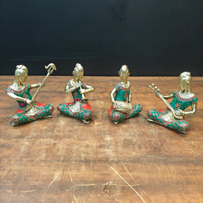 Brassaura® Brass Tribal Musician Figurines Set of 4 | Handcrafted Decorative Music Band Showpieces with Meenakari Art | Traditional Rajasthani Folk Music Statues for Home Décor & Gifting | 6.5 Inches | 7 Kg