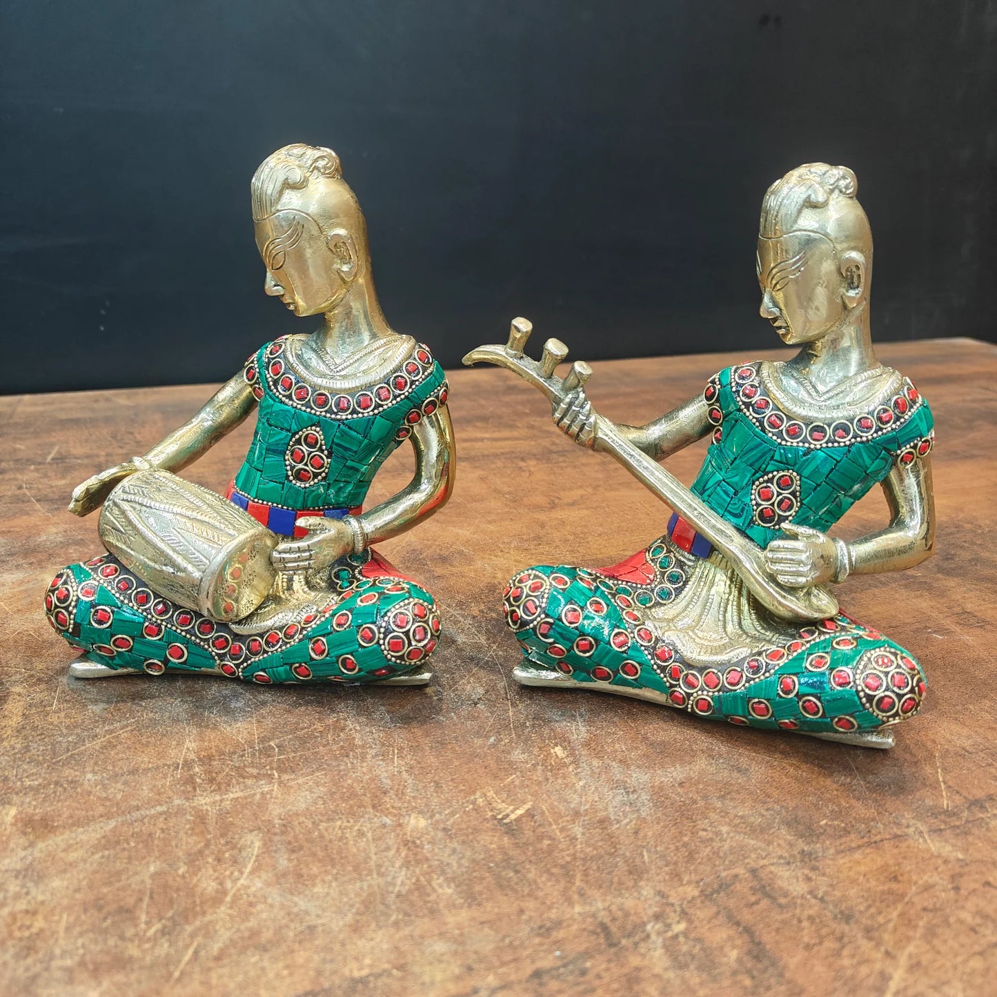 Brassaura® Brass Tribal Musician Figurines Set of 4 | Handcrafted Decorative Music Band Showpieces with Meenakari Art | Traditional Rajasthani Folk Music Statues for Home Décor & Gifting | 6.5 Inches | 7 Kg