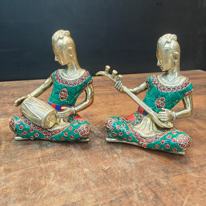 Brassaura® Brass Tribal Musician Figurines Set of 4 | Handcrafted Decorative Music Band Showpieces with Meenakari Art | Traditional Rajasthani Folk Music Statues for Home Décor & Gifting | 6.5 Inches | 7 Kg
