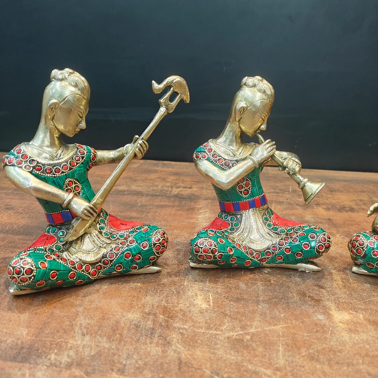 Brassaura® Brass Tribal Musician Figurines Set of 4 | Handcrafted Decorative Music Band Showpieces with Meenakari Art | Traditional Rajasthani Folk Music Statues for Home Décor & Gifting | 6.5 Inches | 7 Kg
