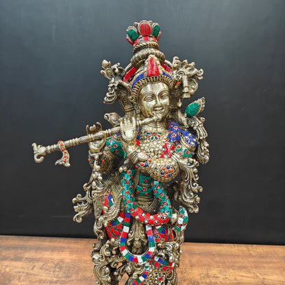 ब्रासोरा® वृंदावन वेणुगोपाल कृष्ण पीतल की प्रतिमा मोर के साथ | एंटीक नीला और सुनहरा रंग | ऊँचाई 20 इंच