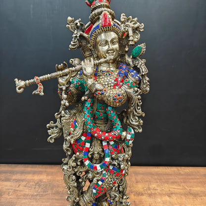 ब्रासोरा® वृंदावन वेणुगोपाल कृष्ण पीतल की प्रतिमा मोर के साथ | एंटीक नीला और सुनहरा रंग | ऊँचाई 20 इंच