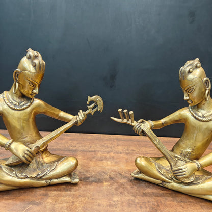 Brassaura® Brass Tribal Musician Statue Set of 2 | Handcrafted Indian Folk Musician Figurines | Traditional Brass Home Décor Showpiece | Height 18 Inches | 30 Kg