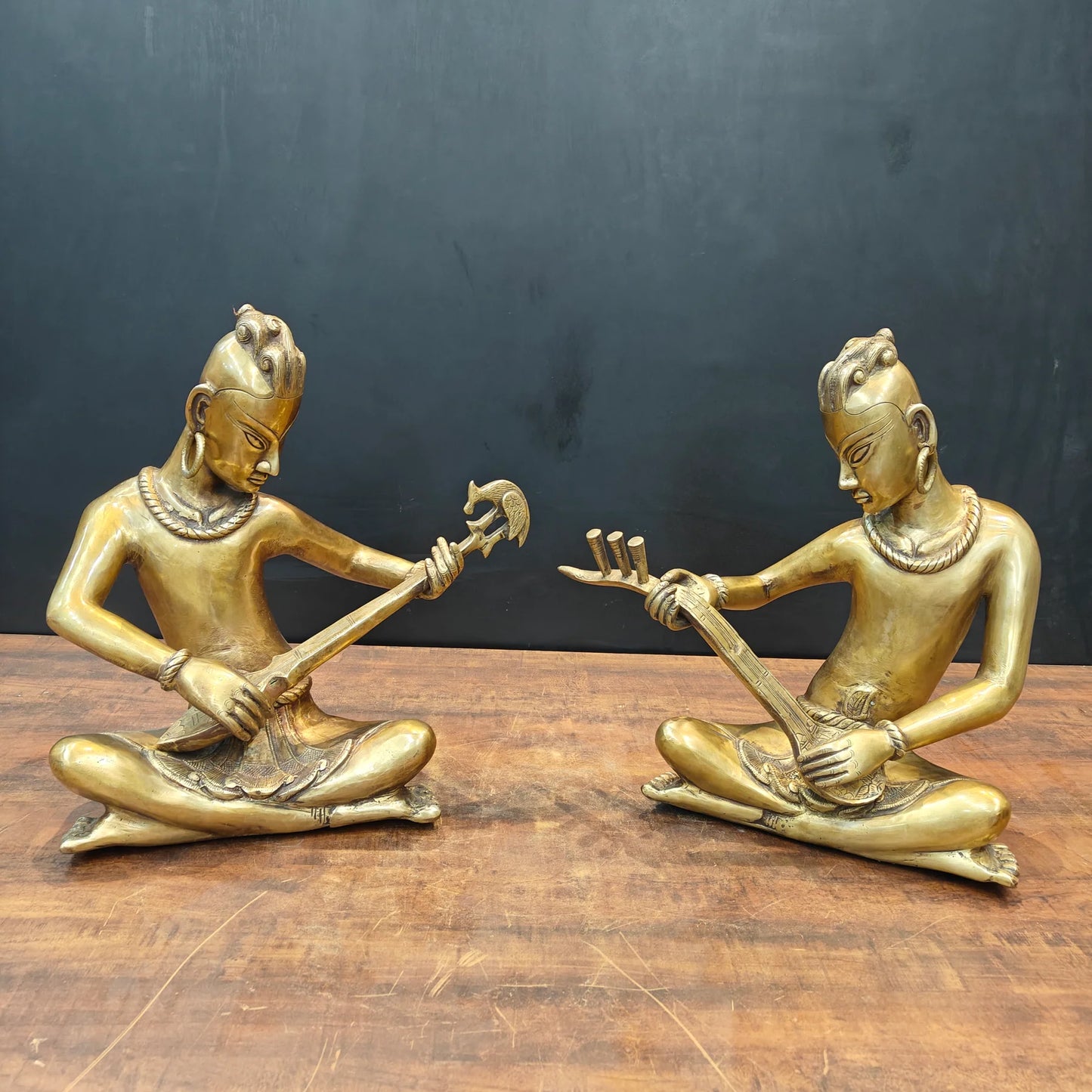 Brassaura® Brass Tribal Musician Statue Set of 2 | Handcrafted Indian Folk Musician Figurines | Traditional Brass Home Décor Showpiece | Height 18 Inches | 30 Kg