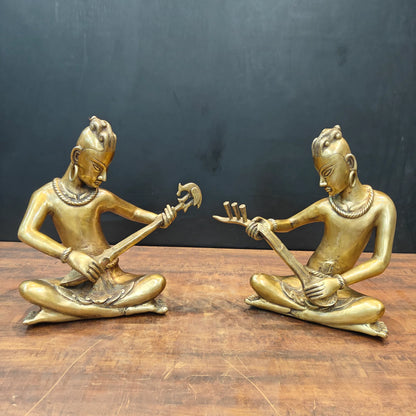 Brassaura® Brass Tribal Musician Statue Set of 2 | Handcrafted Indian Folk Musician Figurines | Traditional Brass Home Décor Showpiece | Height 18 Inches | 30 Kg