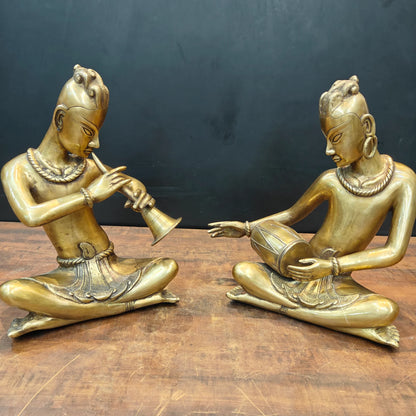 Brassaura® Brass Tribal Musician Statue Set of 2 | Handcrafted Indian Folk Musician Figurines | Traditional Brass Home Décor Showpiece | Height 18 Inches | 30 Kg