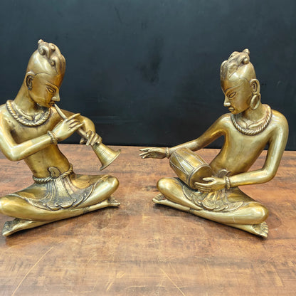 Brassaura® Brass Tribal Musician Statue Set of 2 | Handcrafted Indian Folk Musician Figurines | Traditional Brass Home Décor Showpiece | Height 18 Inches | 30 Kg