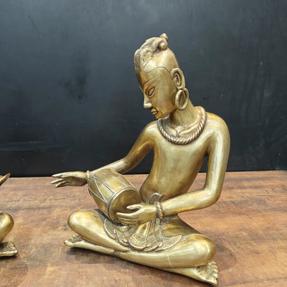 Brassaura® Brass Tribal Musician Statue Set of 2 | Handcrafted Indian Folk Musician Figurines | Traditional Brass Home Décor Showpiece | Height 18 Inches | 30 Kg