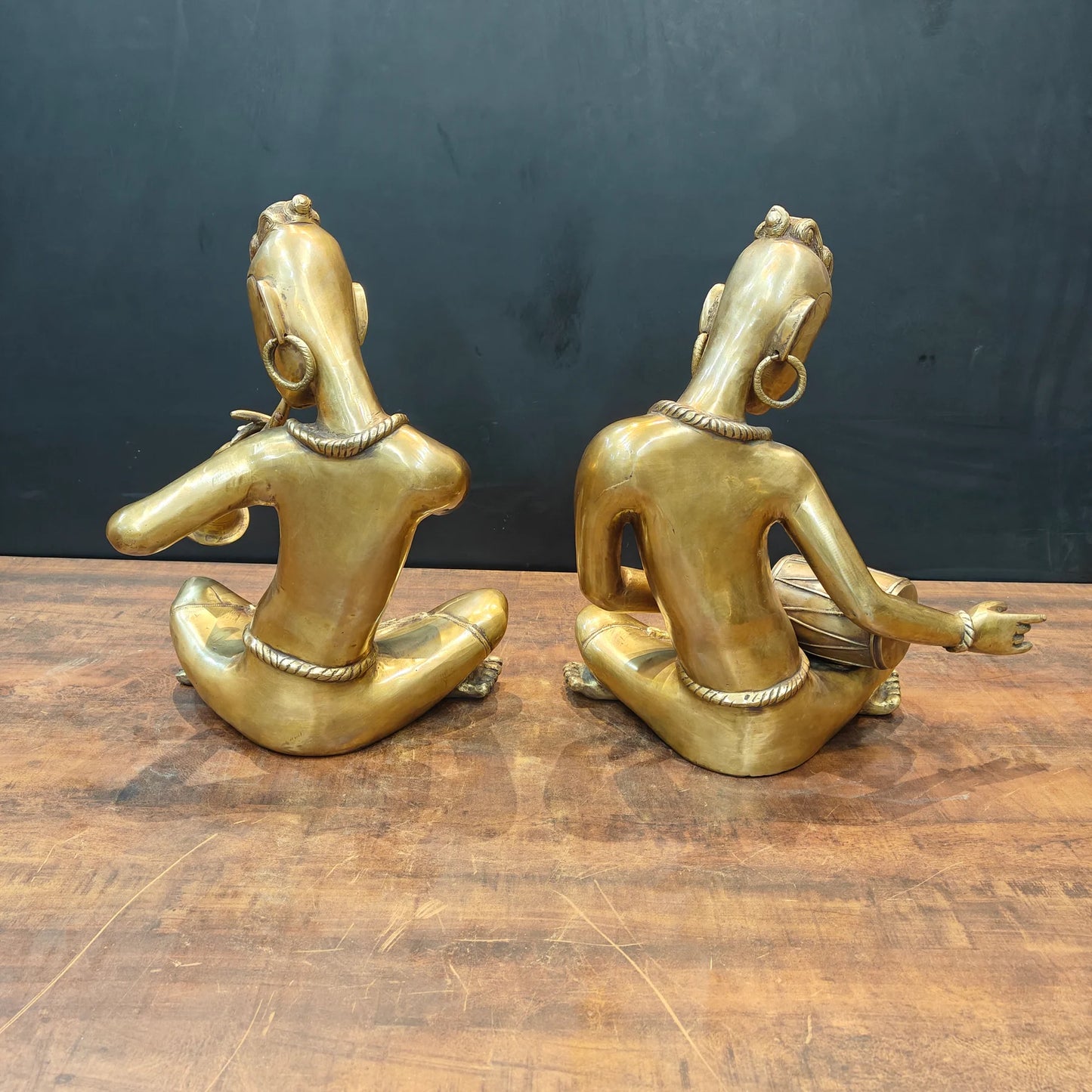 Brassaura® Brass Tribal Musician Statue Set of 2 | Handcrafted Indian Folk Musician Figurines | Traditional Brass Home Décor Showpiece | Height 18 Inches | 30 Kg