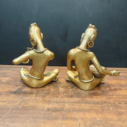 Brassaura® Brass Tribal Musician Statue Set of 2 | Handcrafted Indian Folk Musician Figurines | Traditional Brass Home Décor Showpiece | Height 18 Inches | 30 Kg
