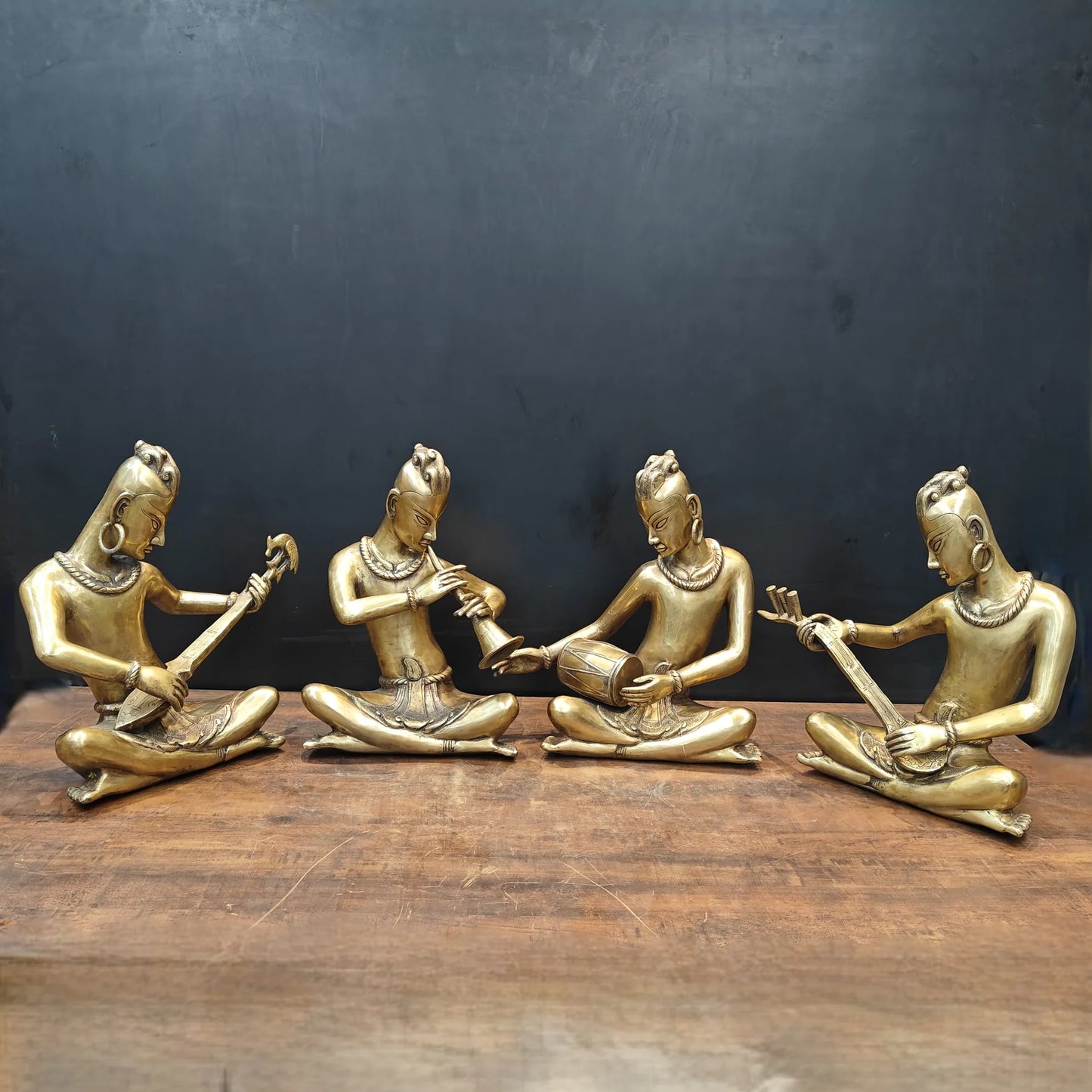 Brassaura® Brass Tribal Musician Statue Set of 4 | Handcrafted Musician Figurines | Traditional Indian Folk Art Home Décor | Height 18 Inches | 60 Kg