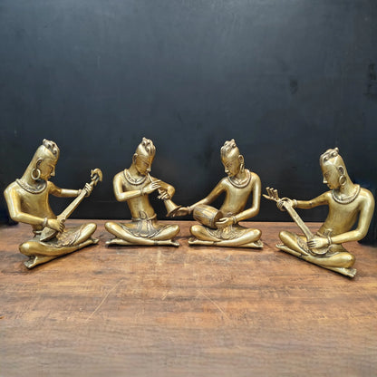 Brassaura® Brass Tribal Musician Statue Set of 4 | Handcrafted Musician Figurines | Traditional Indian Folk Art Home Décor | Height 18 Inches | 60 Kg