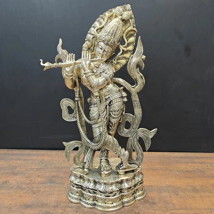 Brassaura® Brass Lord Krishna Playing Flute Statue | Handcrafted Krishna Idol | Premium Solid Brass Home Temple, Living Room & Spiritual Décor | Height 36 Inches | 30 Kg