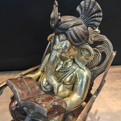 Brassaura® Brass Lord Ganesha Reading Book on Rocking Chair Statue | Handcrafted Ganesh Idol for Home Temple, Office & Study Room Décor | 23 Inches | 27 Kg