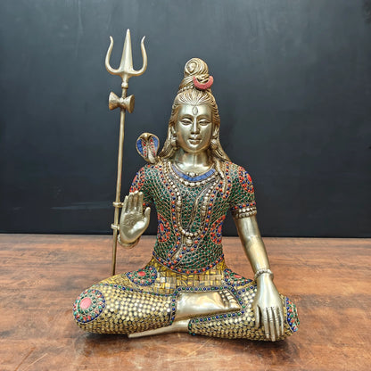 Brassaura® Brass Lord Shiva Idol | Meditating Mahadev Murti with Trishul | Handcrafted Meenakari Brass Statue for Home Temple, Spiritual Décor & Gifting | 19 Inches | 12.2 Kg