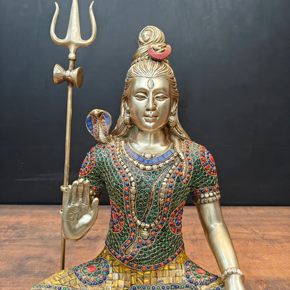 Brassaura® Brass Lord Shiva Idol | Meditating Mahadev Murti with Trishul | Handcrafted Meenakari Brass Statue for Home Temple, Spiritual Décor & Gifting | 19 Inches | 12.2 Kg