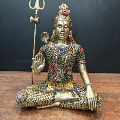 Brassaura® Brass Lord Shiva Idol | Meditating Mahadev Murti with Trishul | Handcrafted Meenakari Brass Statue for Home Temple, Spiritual Décor & Gifting | 19 Inches | 12.2 Kg