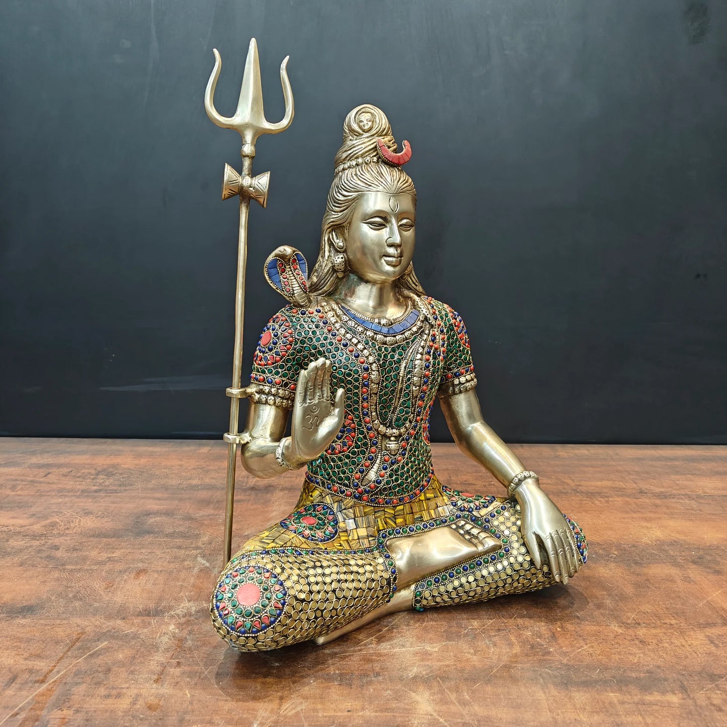 Brassaura® Brass Lord Shiva Idol | Meditating Mahadev Murti with Trishul | Handcrafted Meenakari Brass Statue for Home Temple, Spiritual Décor & Gifting | 19 Inches | 12.2 Kg