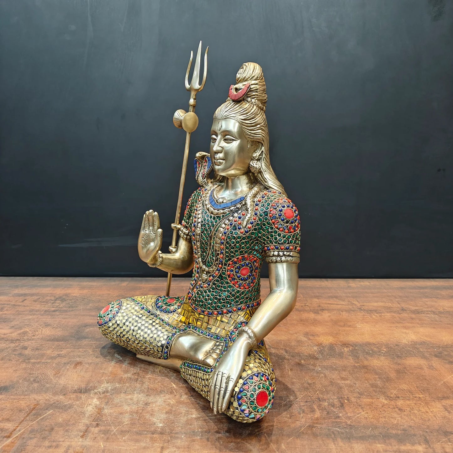 Brassaura® Brass Lord Shiva Idol | Meditating Mahadev Murti with Trishul | Handcrafted Meenakari Brass Statue for Home Temple, Spiritual Décor & Gifting | 19 Inches | 12.2 Kg