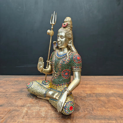 Brassaura® Brass Lord Shiva Idol | Meditating Mahadev Murti with Trishul | Handcrafted Meenakari Brass Statue for Home Temple, Spiritual Décor & Gifting | 19 Inches | 12.2 Kg