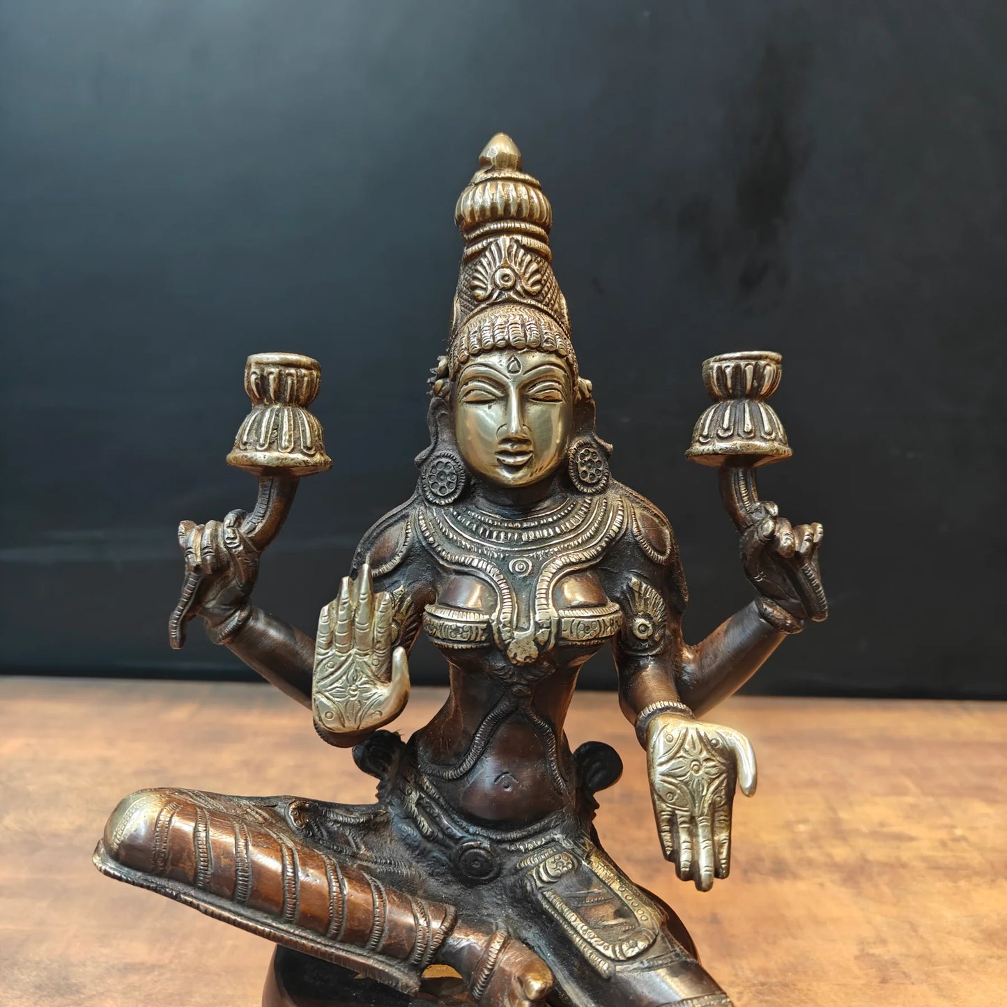 Brassaura® Brass Goddess Lakshmi Sitting on Lotus Oil Lamp Idol | Handmade Brass Lakshmi Deepam for Home Temple, Pooja Room & Spiritual Décor | 12 Inches | 4 Kg
