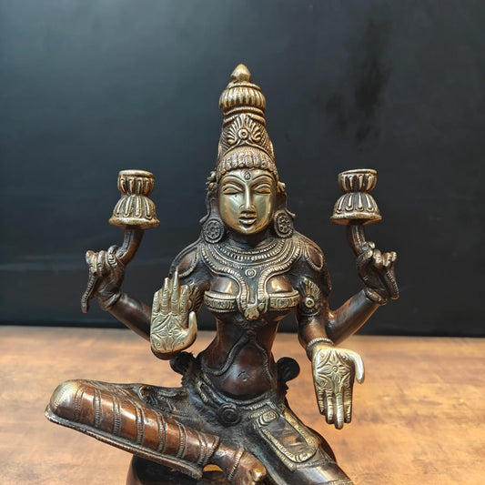 Brassaura® Brass Goddess Lakshmi Sitting on Lotus Oil Lamp Idol | Handmade Brass Lakshmi Deepam for Home Temple, Pooja Room & Spiritual Décor | 12 Inches | 4 Kg