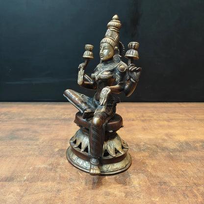 Brassaura® Brass Goddess Lakshmi Sitting on Lotus Oil Lamp Idol | Handmade Brass Lakshmi Deepam for Home Temple, Pooja Room & Spiritual Décor | 12 Inches | 4 Kg