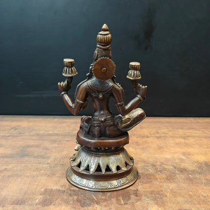 Brassaura® Brass Goddess Lakshmi Sitting on Lotus Oil Lamp Idol | Handmade Brass Lakshmi Deepam for Home Temple, Pooja Room & Spiritual Décor | 12 Inches | 4 Kg