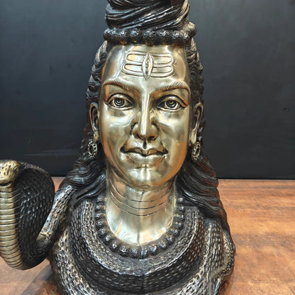 Brassaura® Brass Lord Shiva Face Idol | Mahadev Bust Statue with Cobra & Crescent Moon | Handcrafted Brass Shiv Murti for Home Temple, Spiritual Décor & Gifting | 27 Inches | 32 Kg