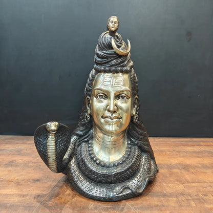Brassaura® Brass Lord Shiva Face Idol | Mahadev Bust Statue with Cobra & Crescent Moon | Handcrafted Brass Shiv Murti for Home Temple, Spiritual Décor & Gifting | 27 Inches | 32 Kg