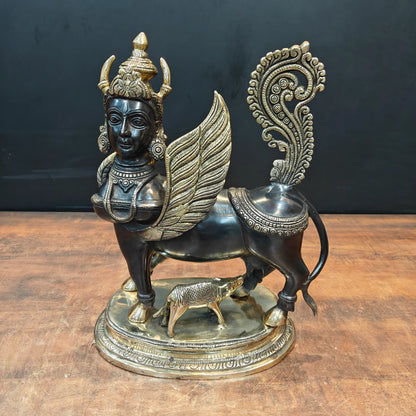 Brassaura® Brass Kamadhenu Cow Idol with Divine Female Face & Calf | Sacred Kamdhenu Gau Mata Statue | Handcrafted Brass Sculpture for Home Temple, Vastu, Spiritual Décor & Gifting | 15.5 Inches | 12.5 Kg