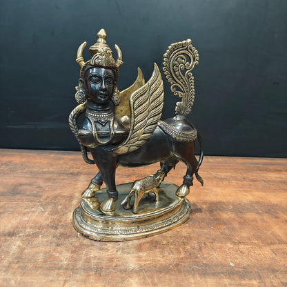 Brassaura® Brass Kamadhenu Cow Idol with Divine Female Face & Calf | Sacred Kamdhenu Gau Mata Statue | Handcrafted Brass Sculpture for Home Temple, Vastu, Spiritual Décor & Gifting | 15.5 Inches | 12.5 Kg