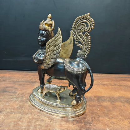 Brassaura® Brass Kamadhenu Cow Idol with Divine Female Face & Calf | Sacred Kamdhenu Gau Mata Statue | Handcrafted Brass Sculpture for Home Temple, Vastu, Spiritual Décor & Gifting | 15.5 Inches | 12.5 Kg