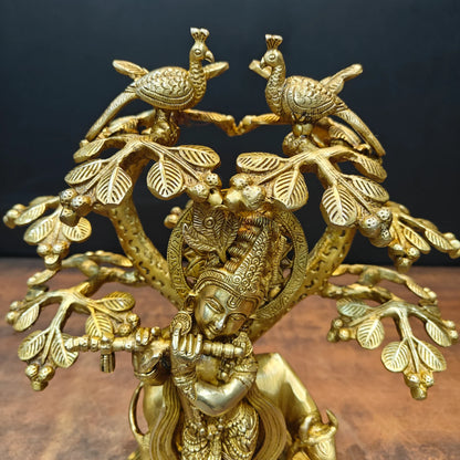 Brassaura® Brass Lord Krishna Playing Flute Under Tree with Cow Statue | Handmade Krishna Idol for Home Temple, Living Room & Spiritual Décor | 14 Inches | 6.5 Kg