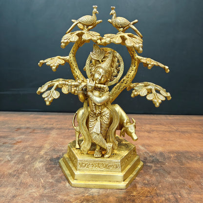 Brassaura® Brass Lord Krishna Playing Flute Under Tree with Cow Statue | Handmade Krishna Idol for Home Temple, Living Room & Spiritual Décor | 14 Inches | 6.5 Kg