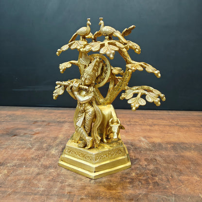 Brassaura® Brass Lord Krishna Playing Flute Under Tree with Cow Statue | Handmade Krishna Idol for Home Temple, Living Room & Spiritual Décor | 14 Inches | 6.5 Kg