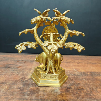 Brassaura® Brass Lord Krishna Playing Flute Under Tree with Cow Statue | Handmade Krishna Idol for Home Temple, Living Room & Spiritual Décor | 14 Inches | 6.5 Kg