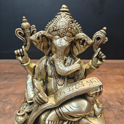 Brassaura® Seated Lord Ganesha Brass Statue | Auspicious Remover of Obstacles | Height 8 Inches & Weight 2.8 Kgs