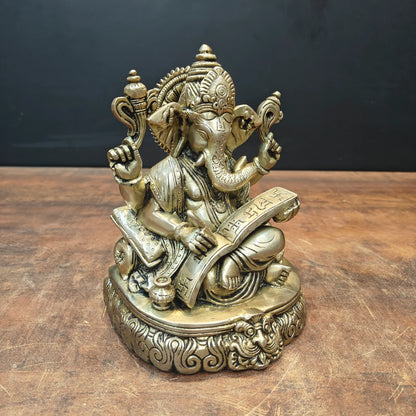 Brassaura® Seated Lord Ganesha Brass Statue | Auspicious Remover of Obstacles | Height 8 Inches & Weight 2.8 Kgs