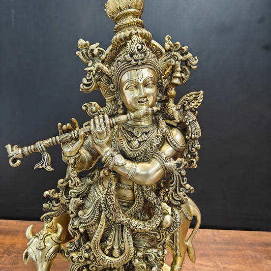 Brassaura® Lord Krishna with Cow Brass Statue | Divine Love & Eternal Harmony | Height 28 Inches & Weight 35 Kgs