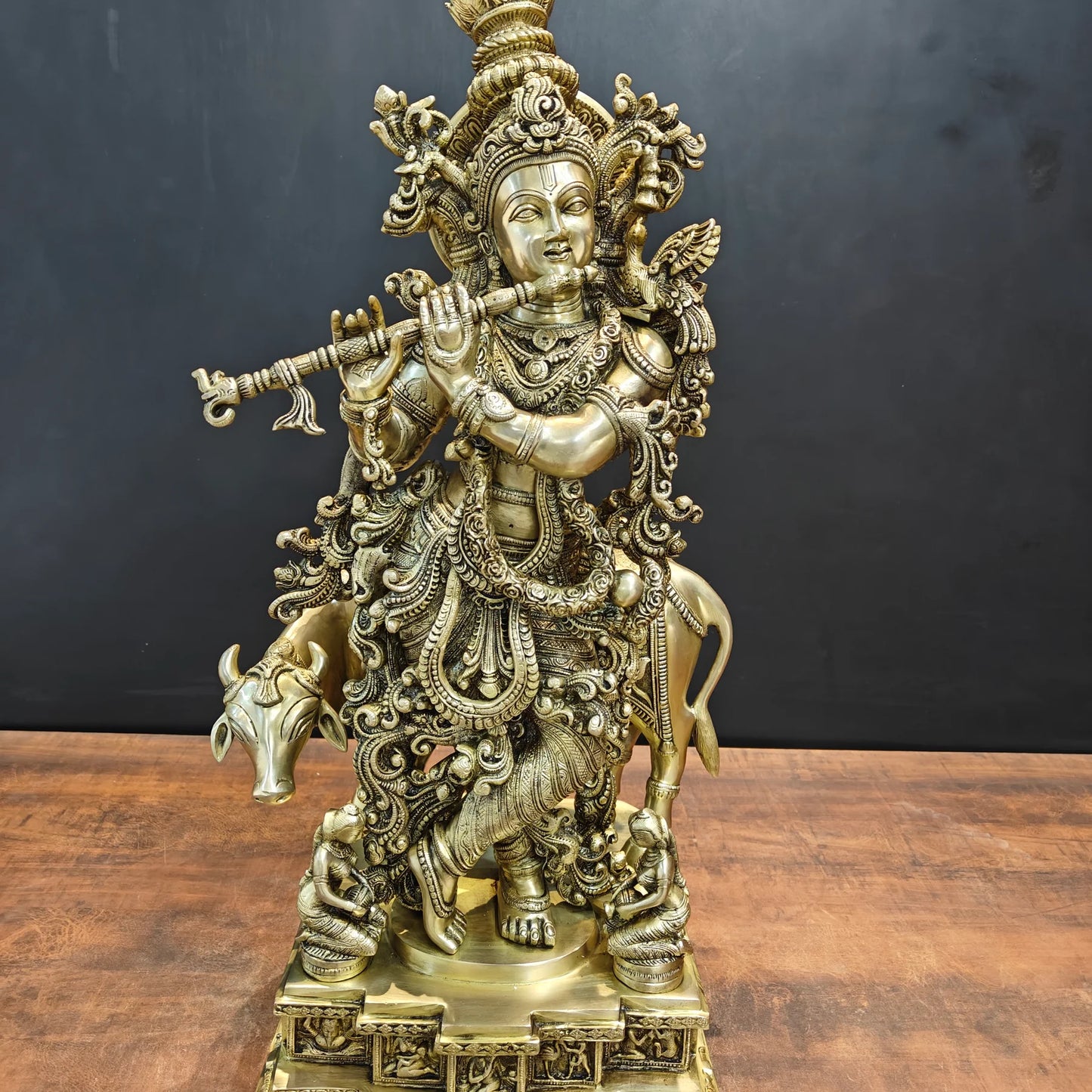 Brassaura® Lord Krishna with Cow Brass Statue | Divine Love & Eternal Harmony | Height 28 Inches & Weight 35 Kgs