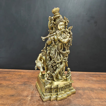 Brassaura® Lord Krishna with Cow Brass Statue | Divine Love & Eternal Harmony | Height 28 Inches & Weight 35 Kgs