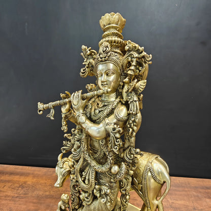 Brassaura® Lord Krishna with Cow Brass Statue | Divine Love & Eternal Harmony | Height 28 Inches & Weight 35 Kgs