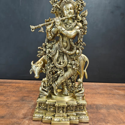 Brassaura® Lord Krishna with Cow Brass Statue | Divine Love & Eternal Harmony | Height 28 Inches & Weight 35 Kgs